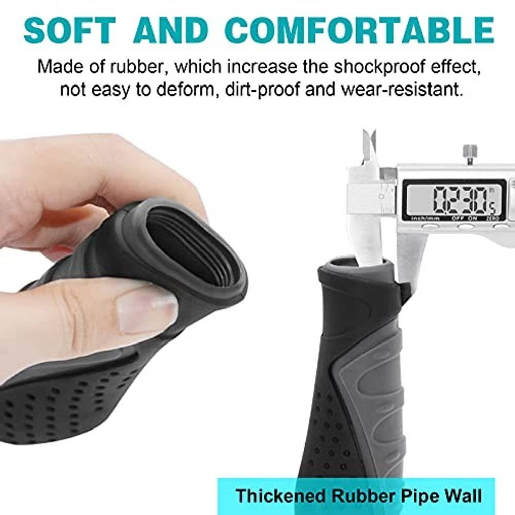 Black rubber handlebar grip held by hand, perforated anti-slip surface and open end