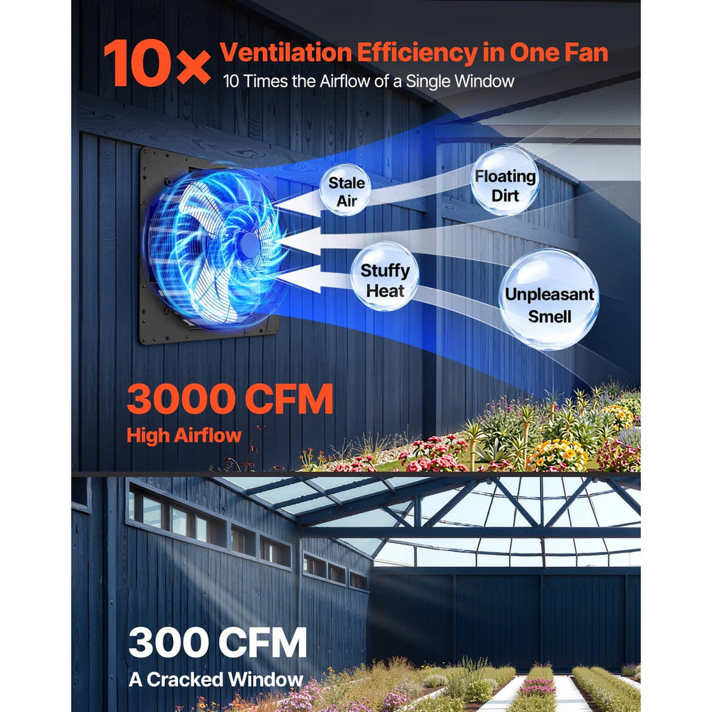 Wall-mount exhaust fan airflow graphic with circular fan and directional air arrows