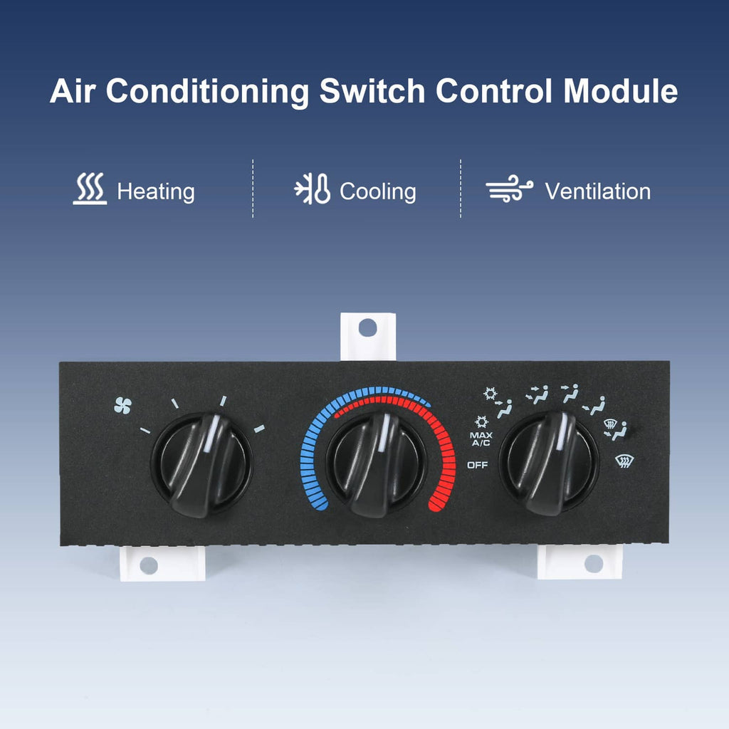 A/C heater control module with three black knobs and blue/red temperature arc