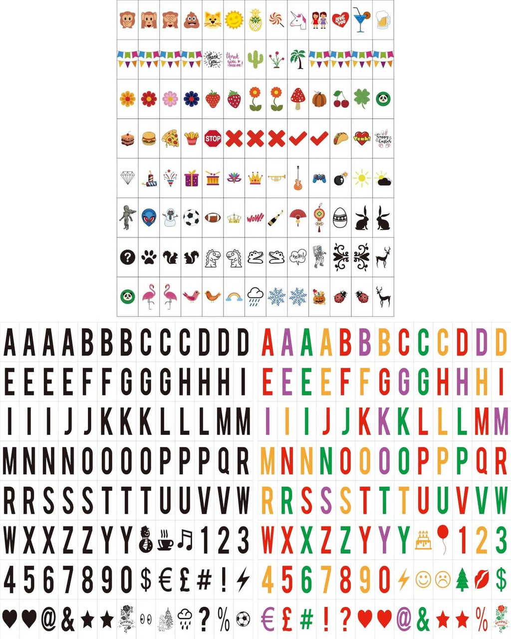 Letter, number, and symbol sticker sheet with black and multicolor icons