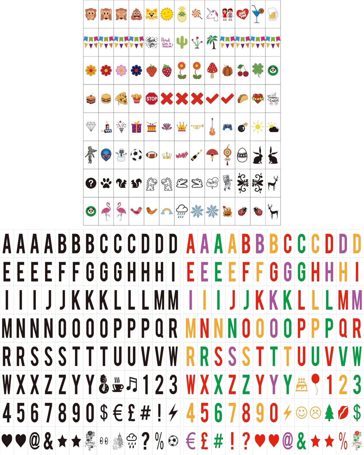 Letter, number, and symbol sticker sheet with black and multicolor icons