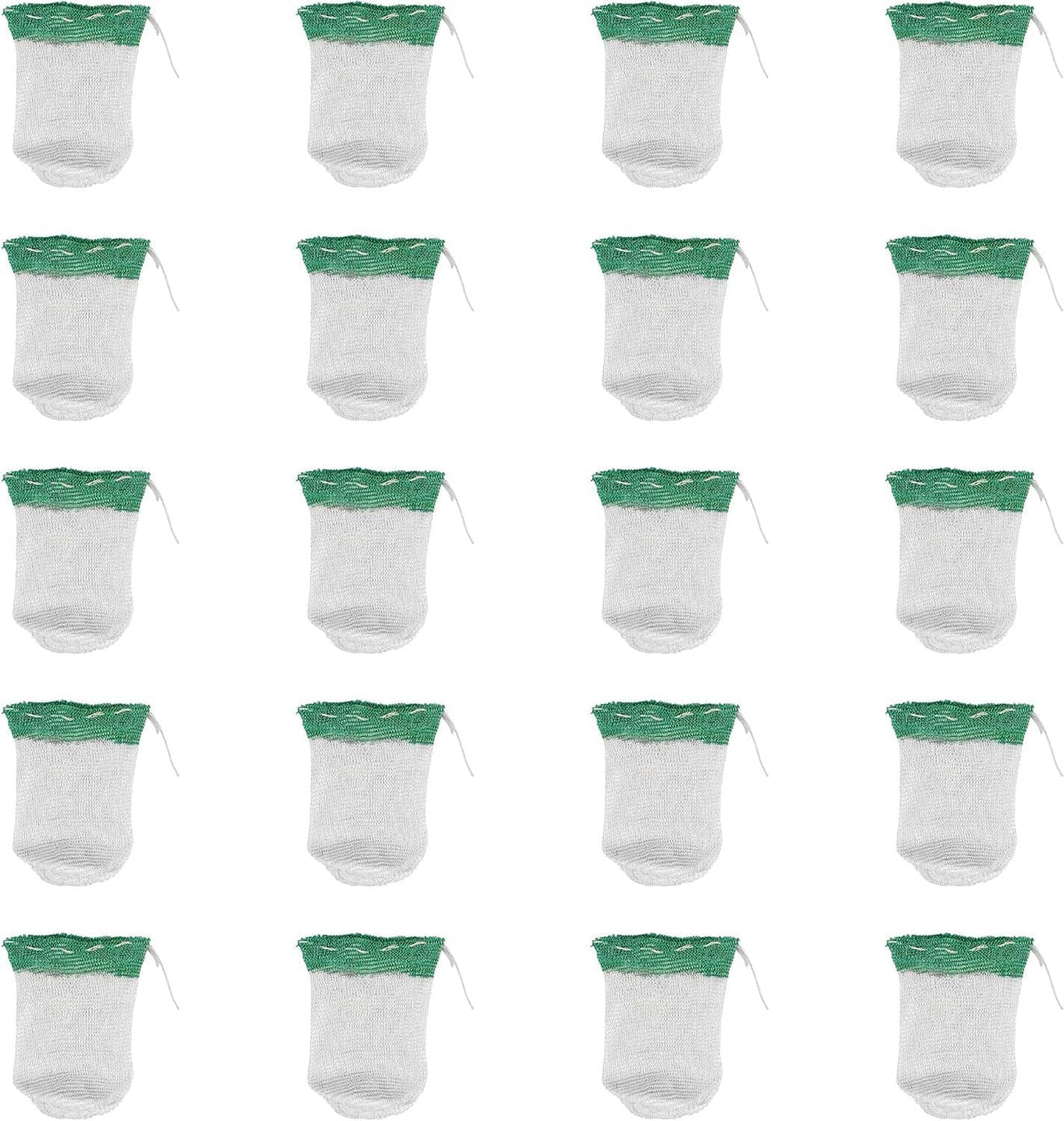 String-tie lantern mantles set, white mesh with green drawstring tops; multiple pieces shown