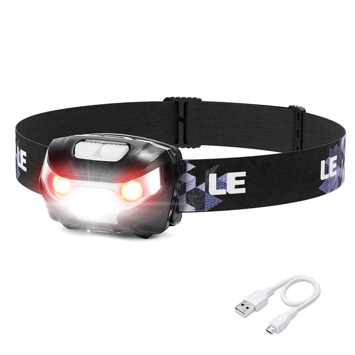 Lepro LED headlamp with black elastic strap and front light turned on