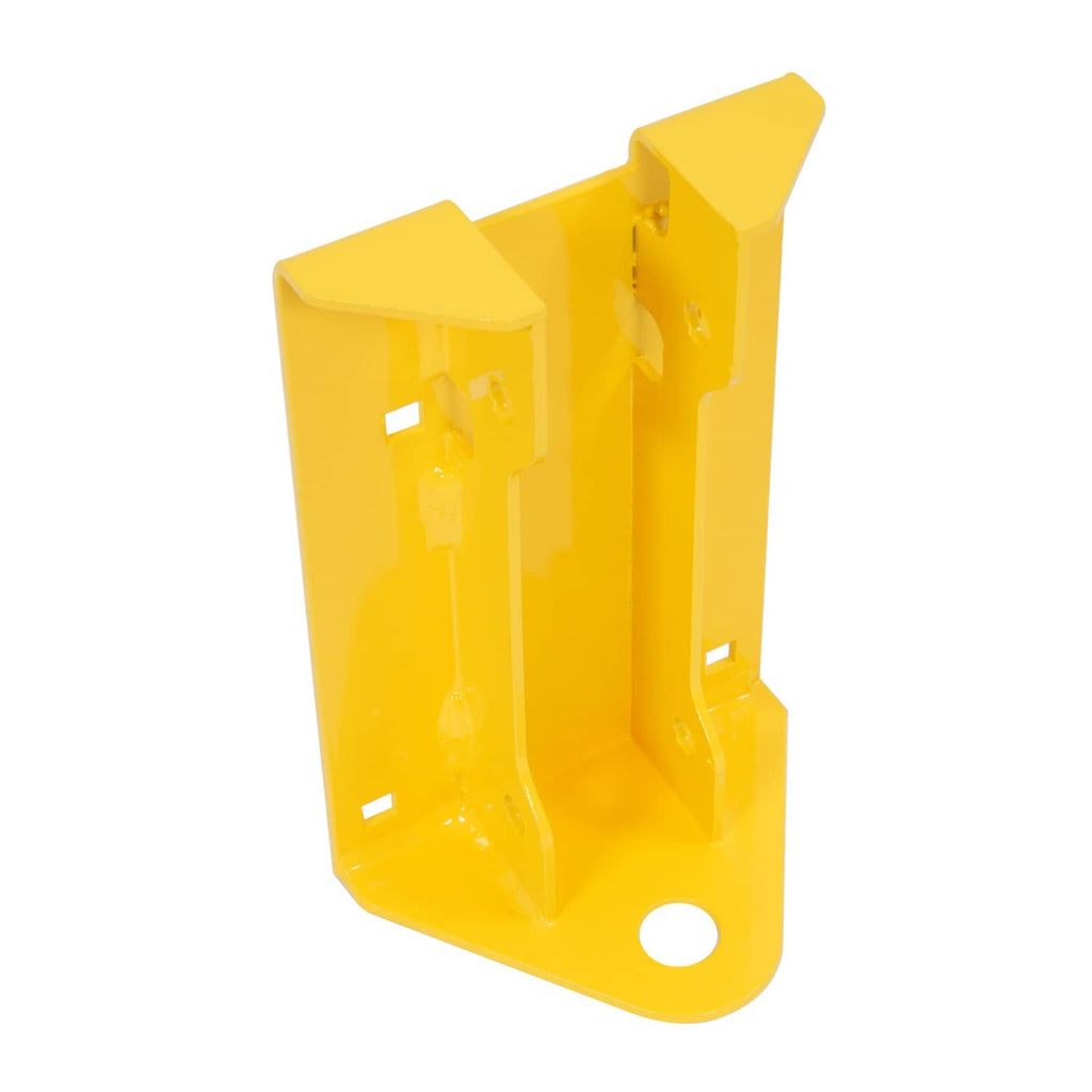Yellow mower hitch bracket with side supports, bolt holes, and an angled base.