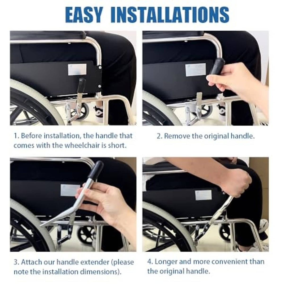 Wheelchair brake handle extender being installed, chrome U-arms with black grips