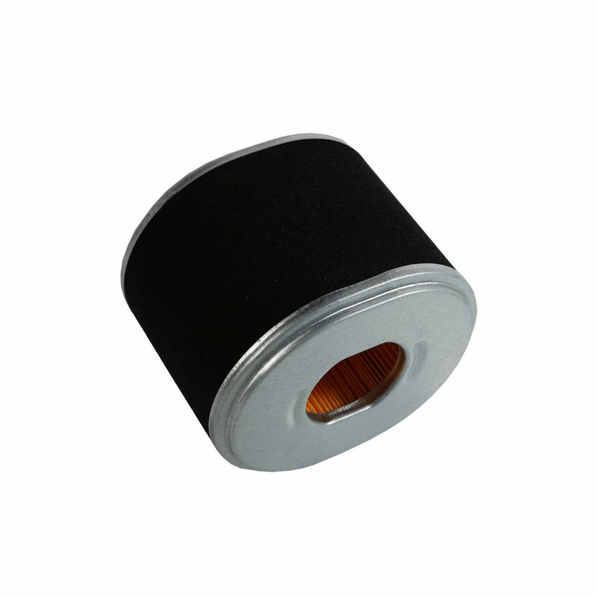 Air filter housing cylinder with black end cap and orange filter element in metal rim