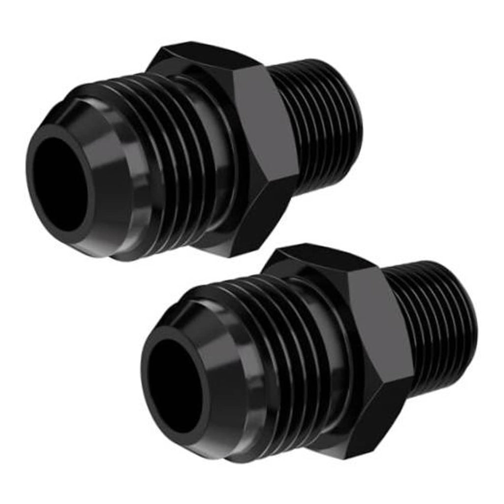 Black male flare to 3/8 NPT straight fitting adapter, hex drive, threaded ends