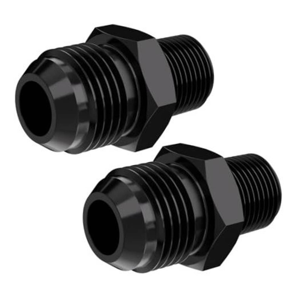 Black male flare to 3/8 NPT straight fitting adapter, hex drive, threaded ends