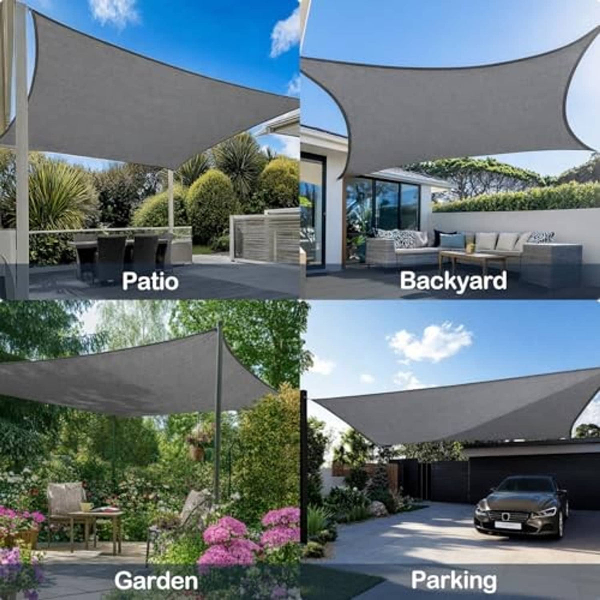 Gray rectangle shade sail canopy set over patio, backyard, garden, and parking