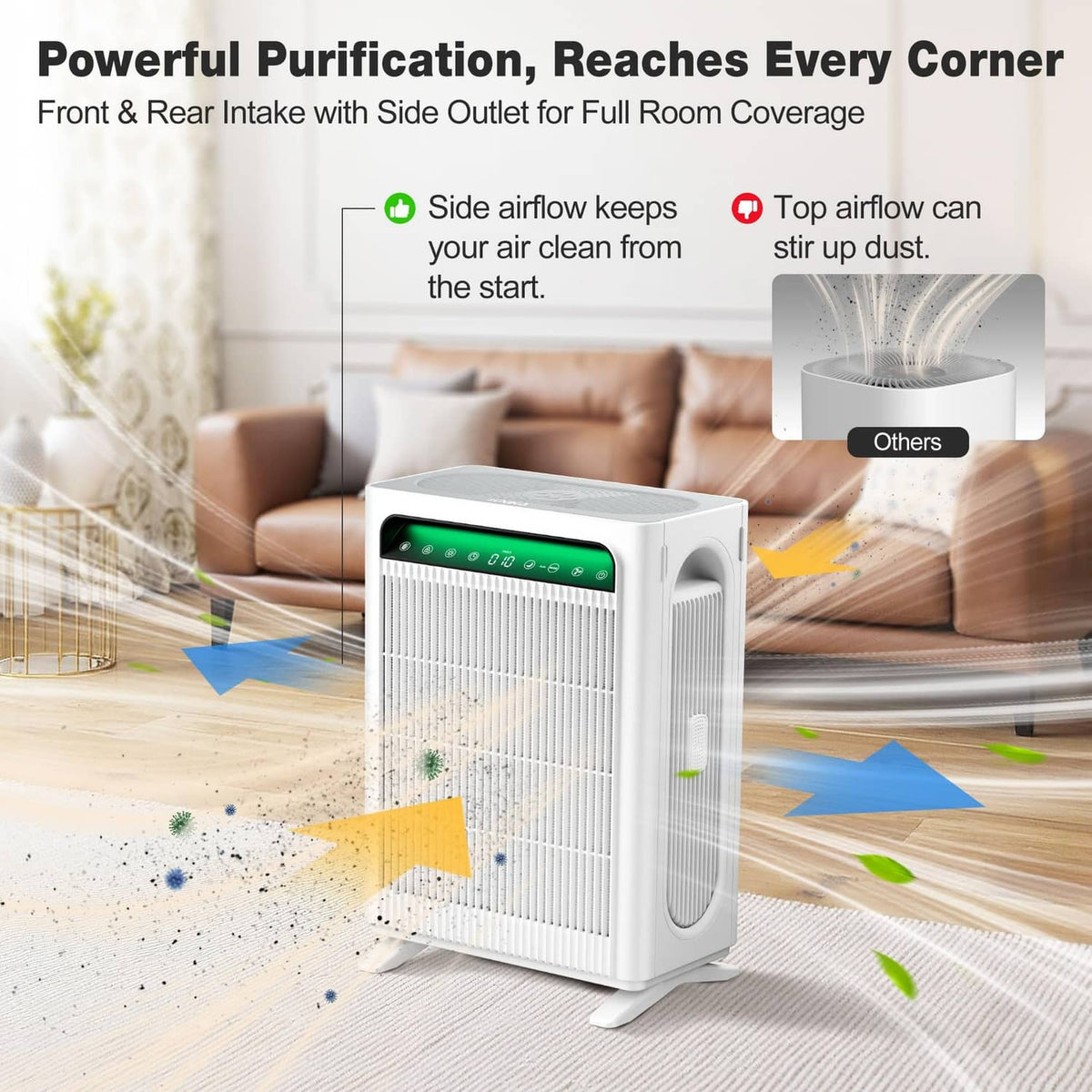 White air purifier with airflow stream arrows from intake and outlet