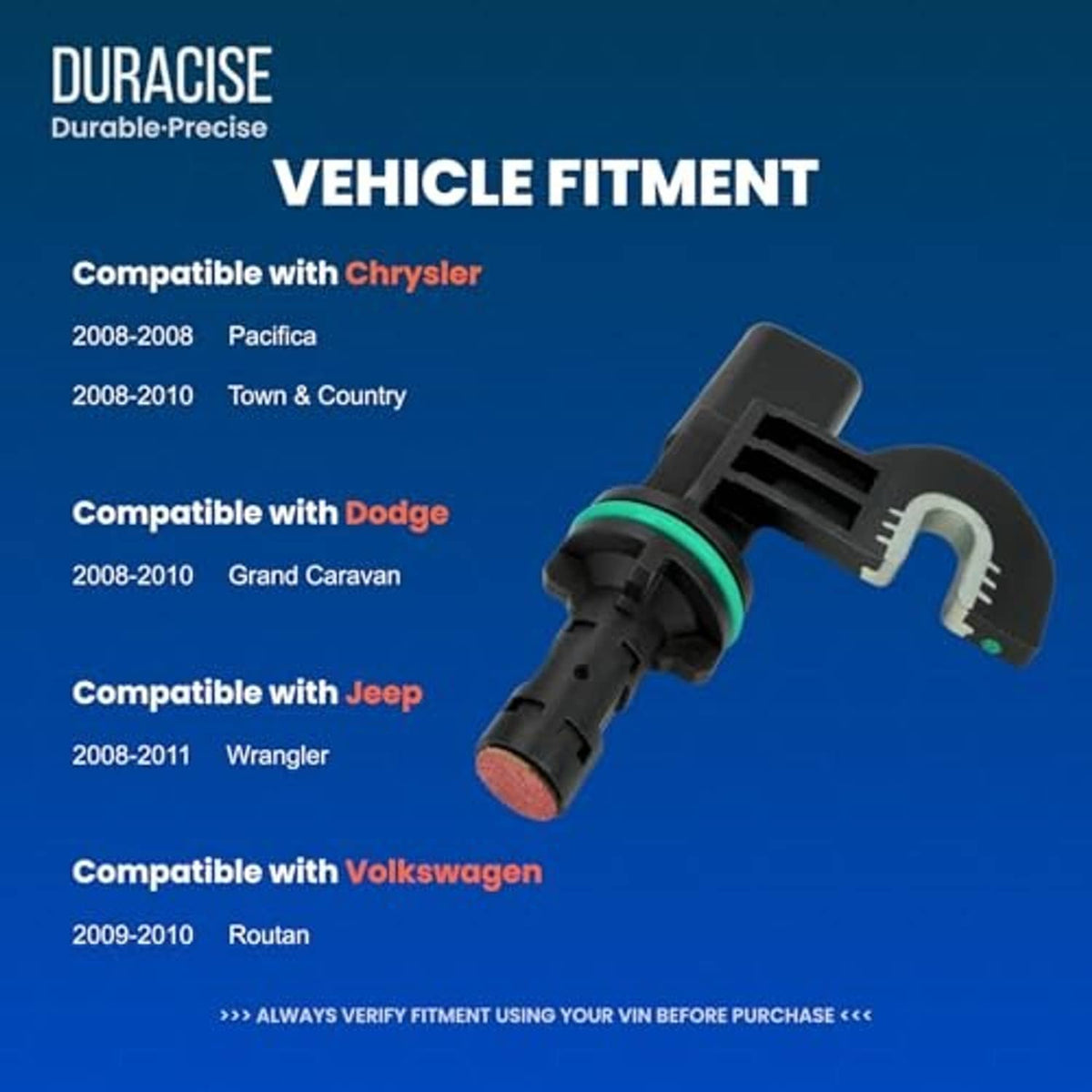 Camshaft position sensor with green-ring seal, black connector, and metal U-shaped clip