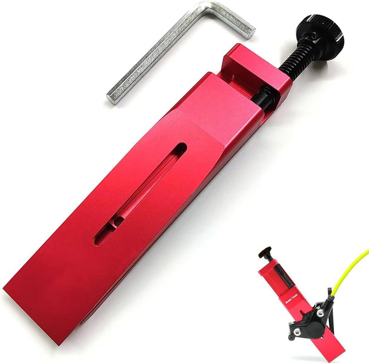 Red brake caliper piston press tool with black clamp screw and L hex key