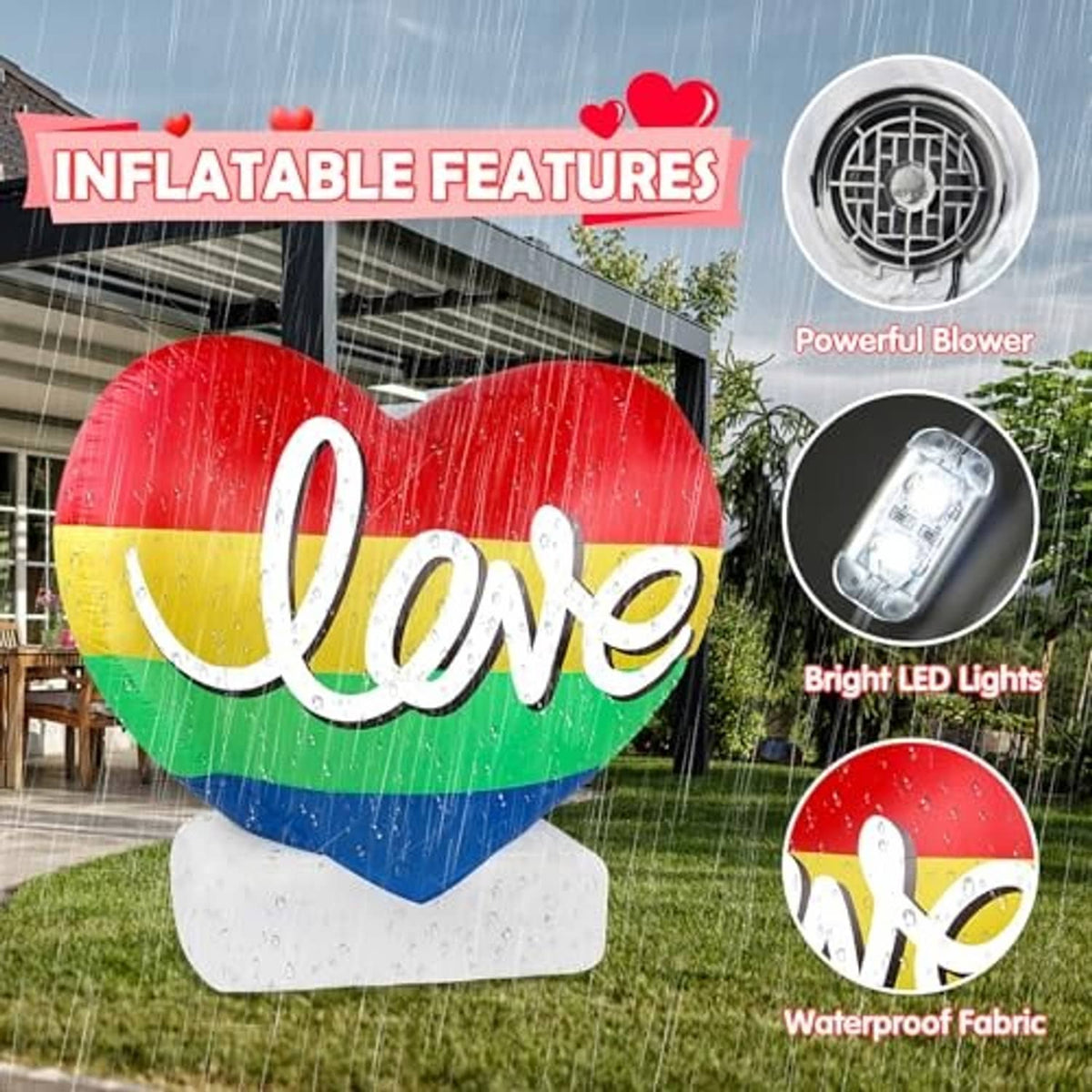 Inflatable Pride rainbow heart with 'Love' script on white base