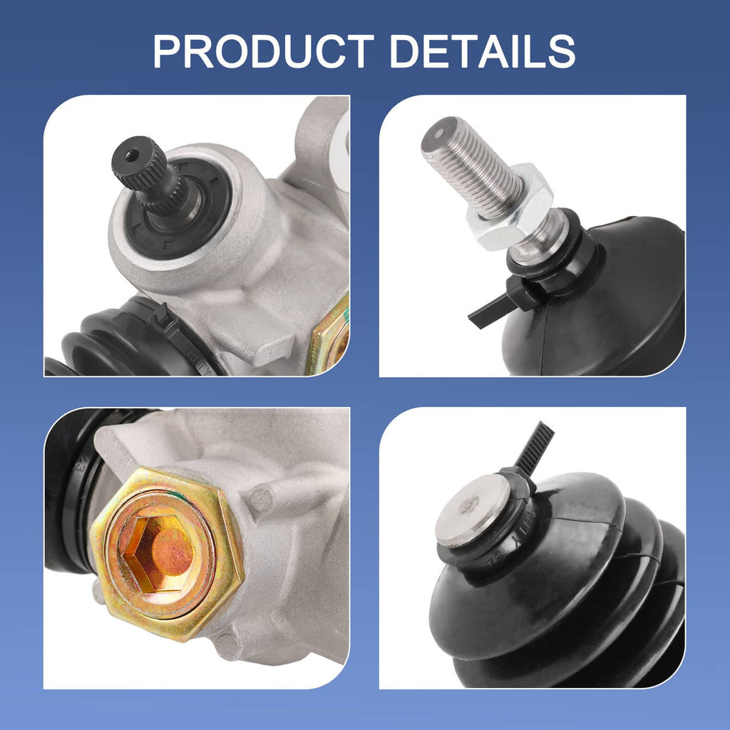 Steering gear box details with black boots, hex fastener, and silver mounting points