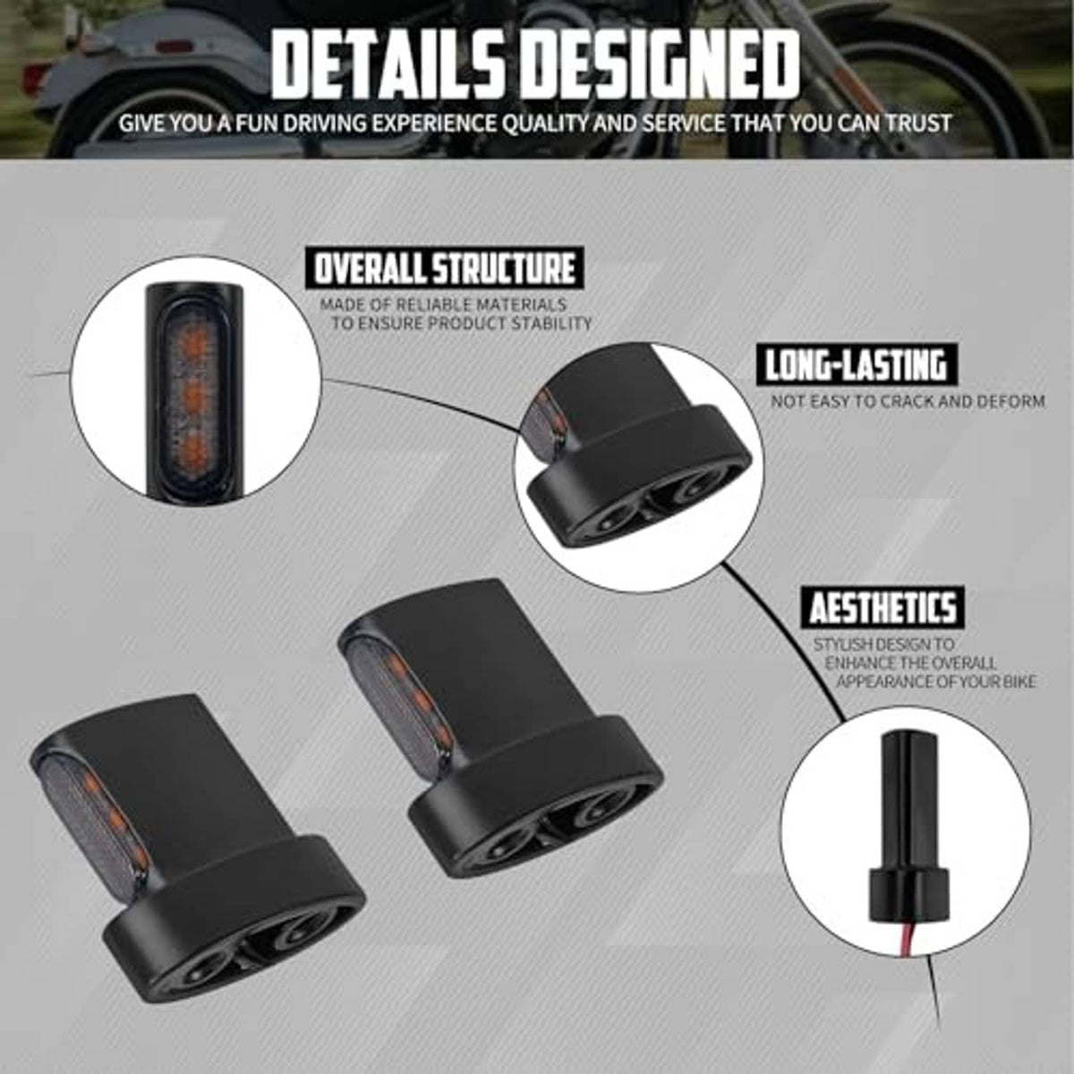 Motorcycle LED mini turn signal views: black housing, smoke lens, and amber light