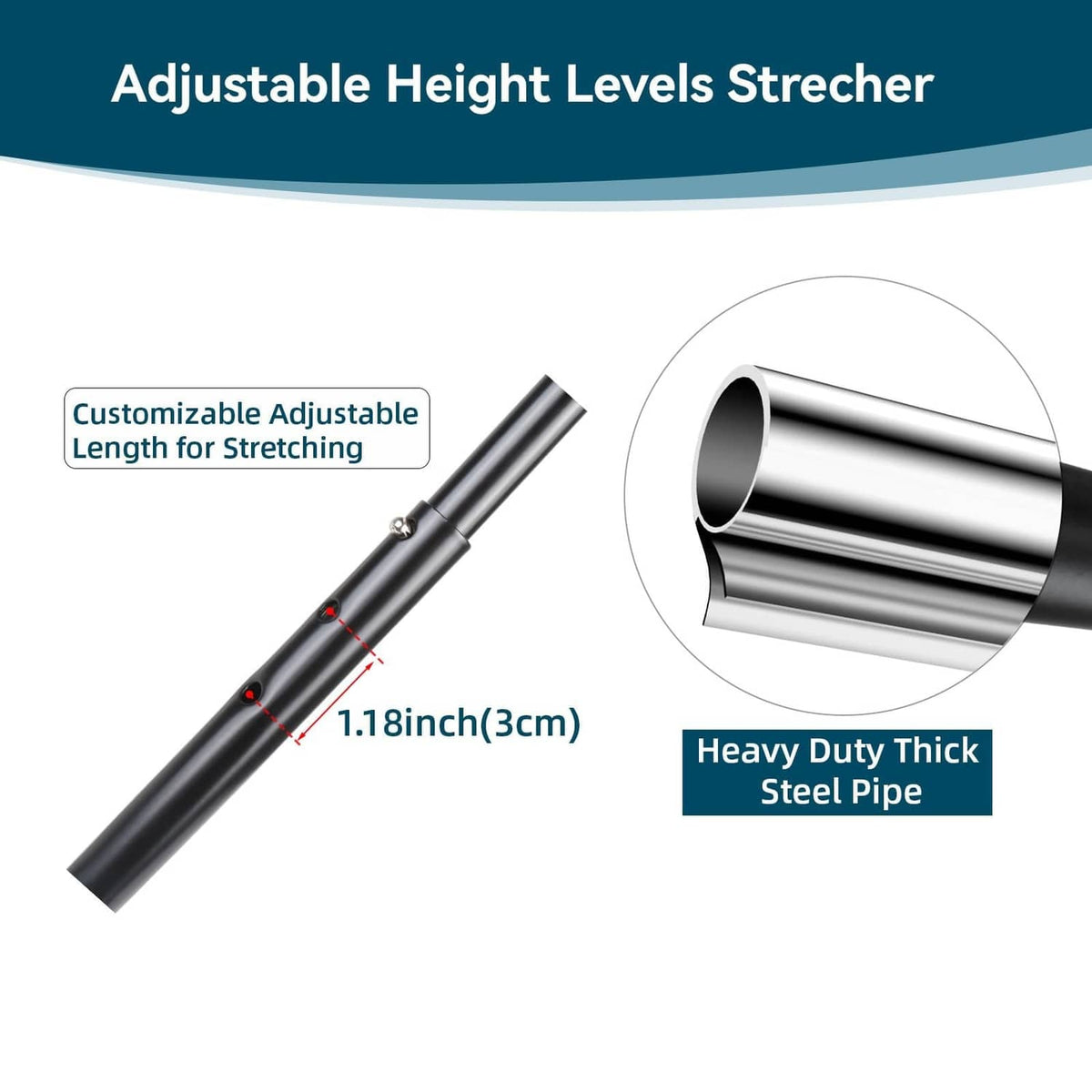 Adjustable black steel-pipe stretcher frame with height markings