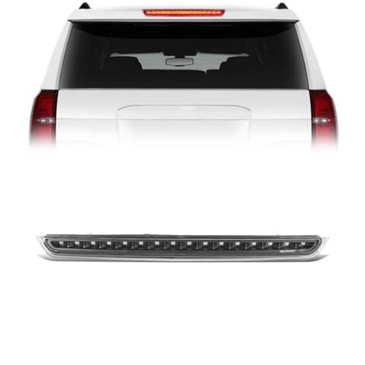Third brake light LED strip with black housing and clear lens, wide front view
