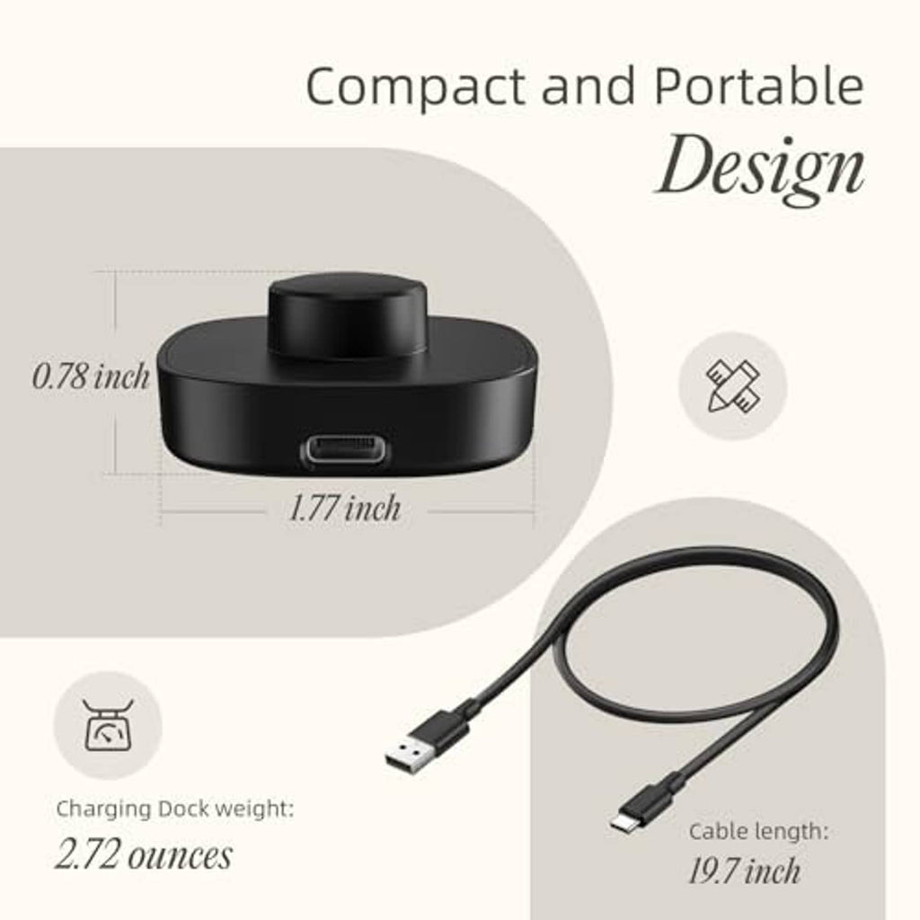 Black compact charging dock with USB-C cable and portability size diagram