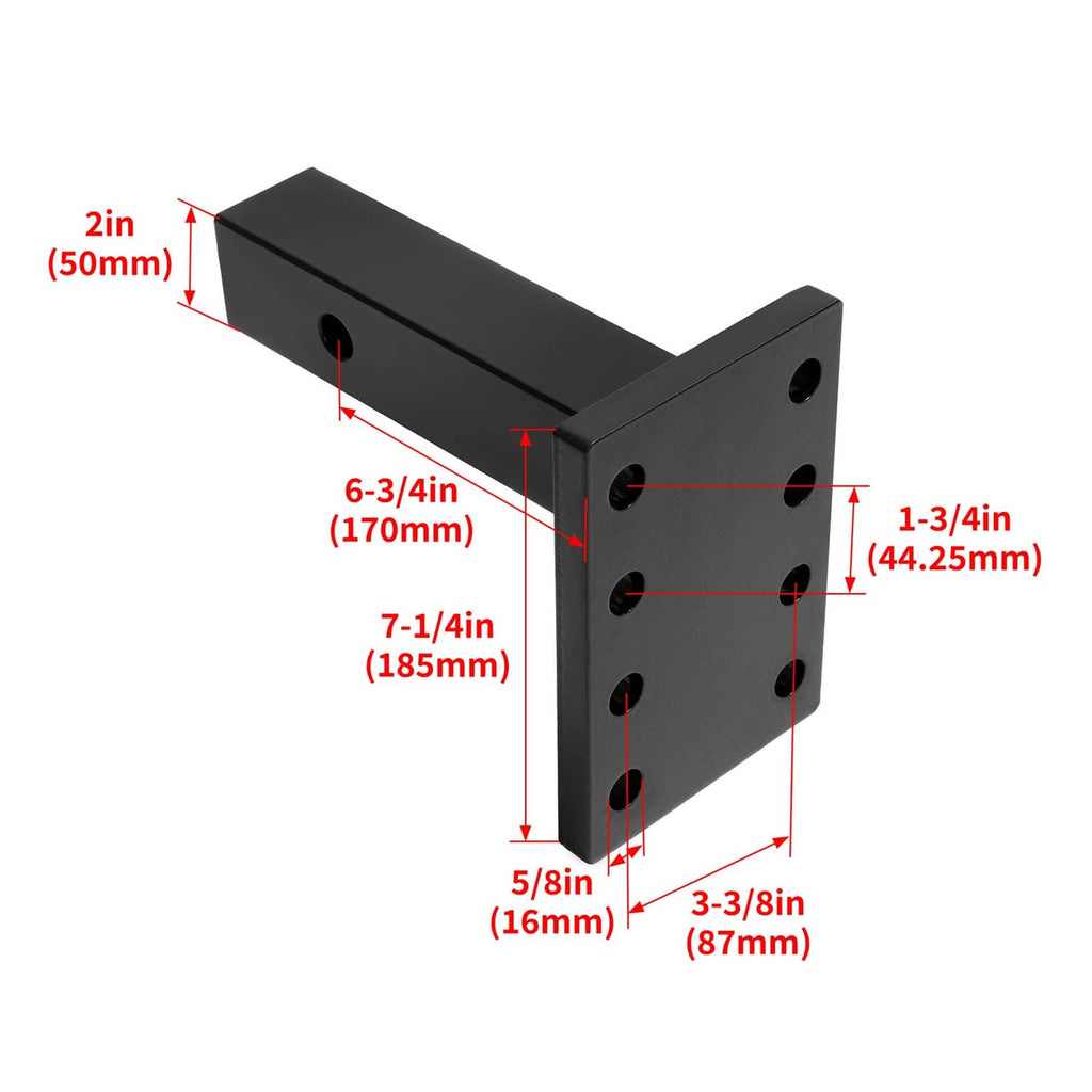 Black 8-hole hitch hook mounting plate, 3-position layout with dimension diagram