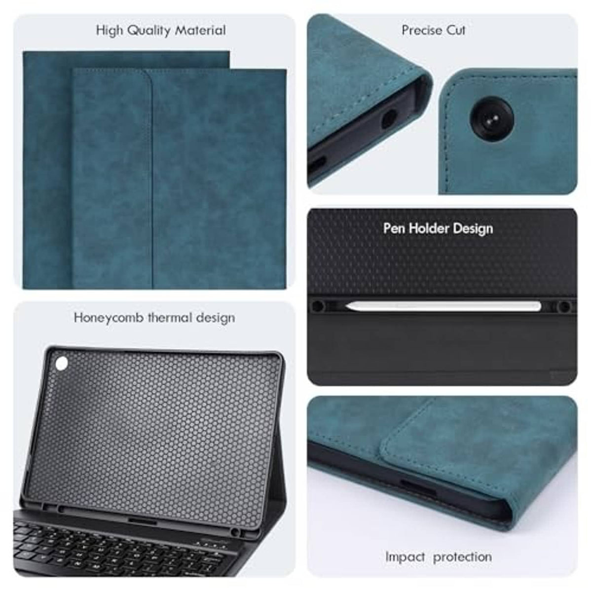 Teal tablet folio case with pen holder, camera cutout, textured back, impact protection