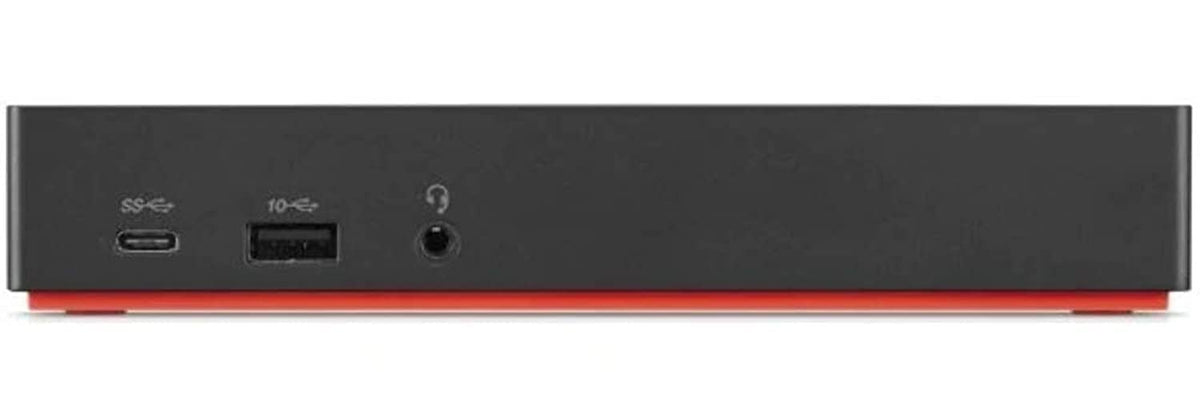 Black USB-C dock front with port cutouts and status indicator