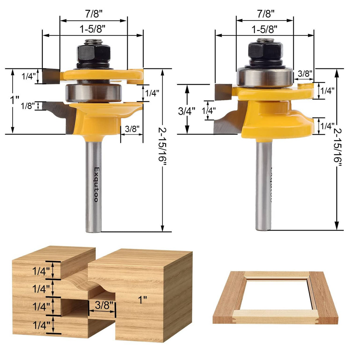 Two raised-panel router bits on white background, yellow cutters with 1/4 in shanks
