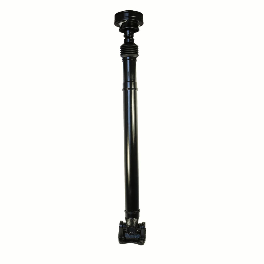 Front drive shaft with circular mounting cap and yoke mount, black and silver