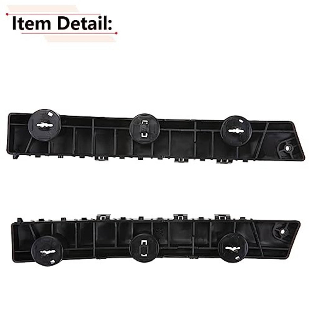 Black plastic front bumper bracket detail with tabs, slots, and round caps