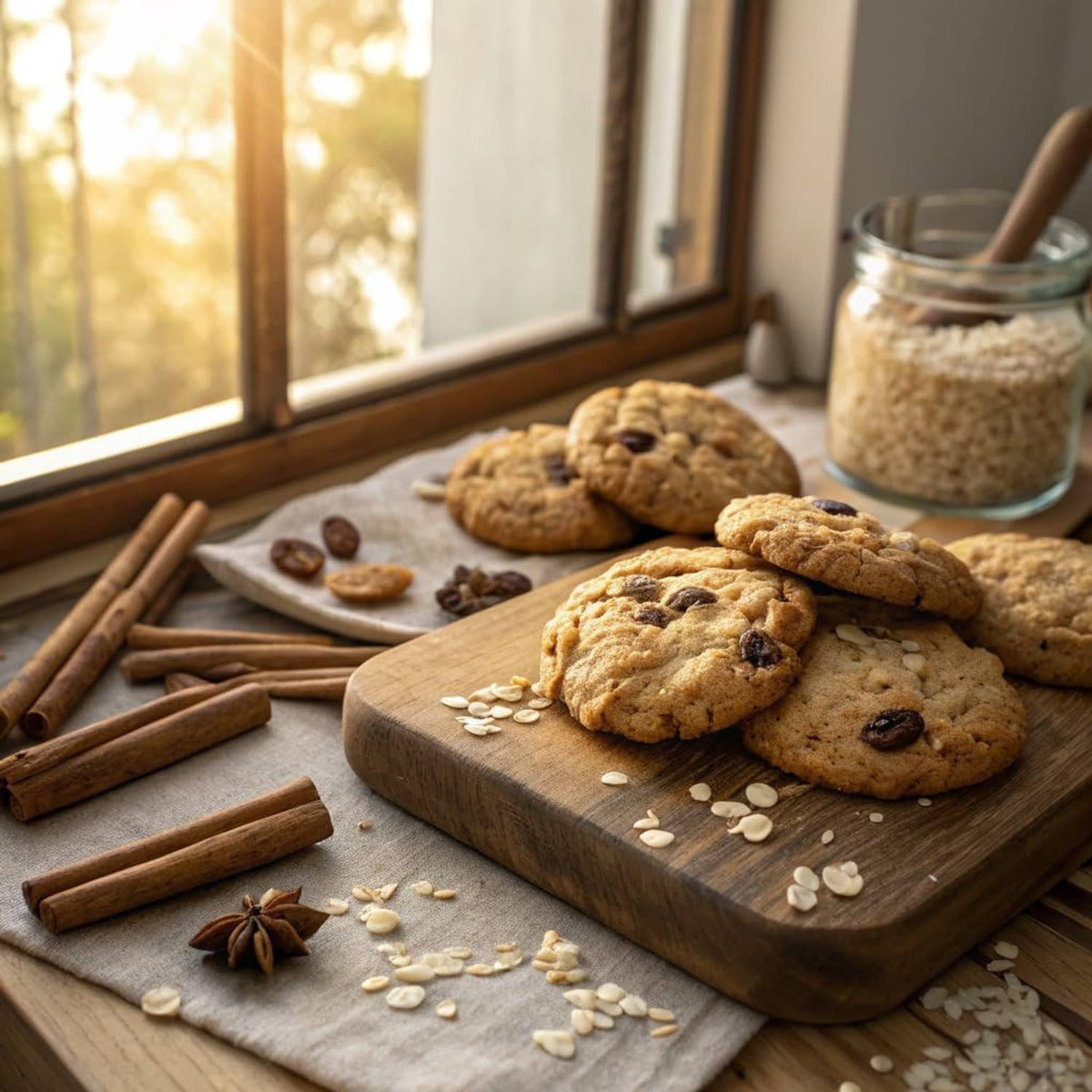 Soft oatmeal raisin cookies on wooden board with spilled oats and cinnamon sticks