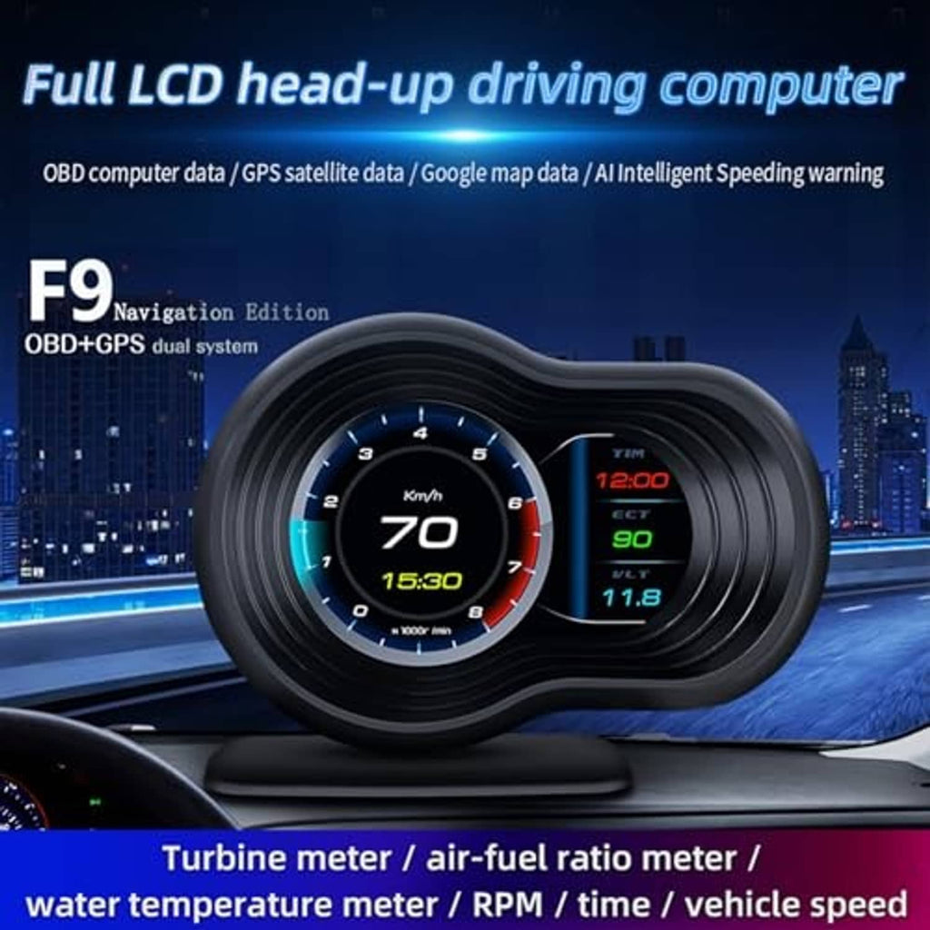 OBD head-up display unit on dashboard with dual circular gauge and right digital panel