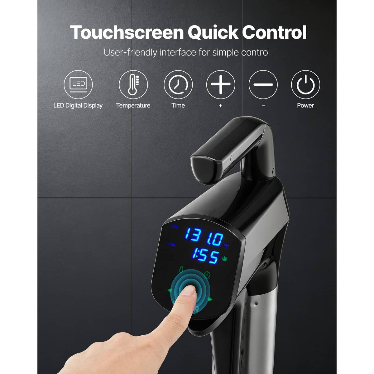 Sous vide precision cooker with touch control panel and blue LED temperature/time readout