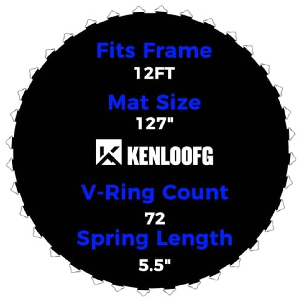 Black 12ft trampoline replacement mat with 72 V-rings and spring length details