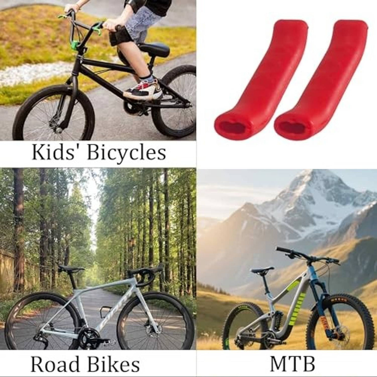 Two red silicone bicycle brake lever grip covers for kids’ and road bikes, shown as set