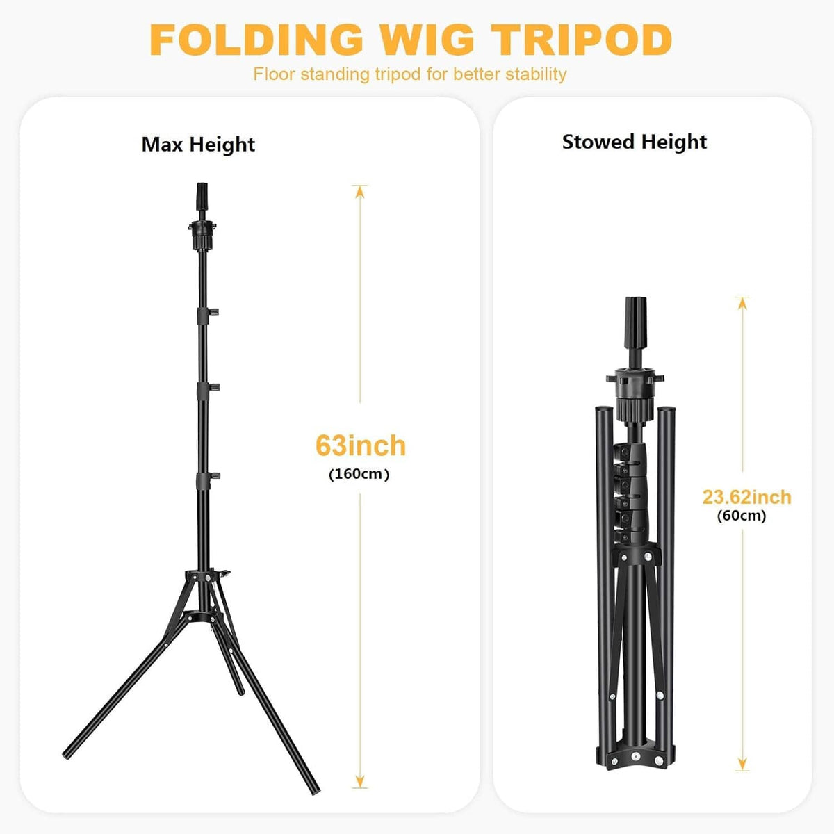 Folding black wig tripod stand with adjustable height settings