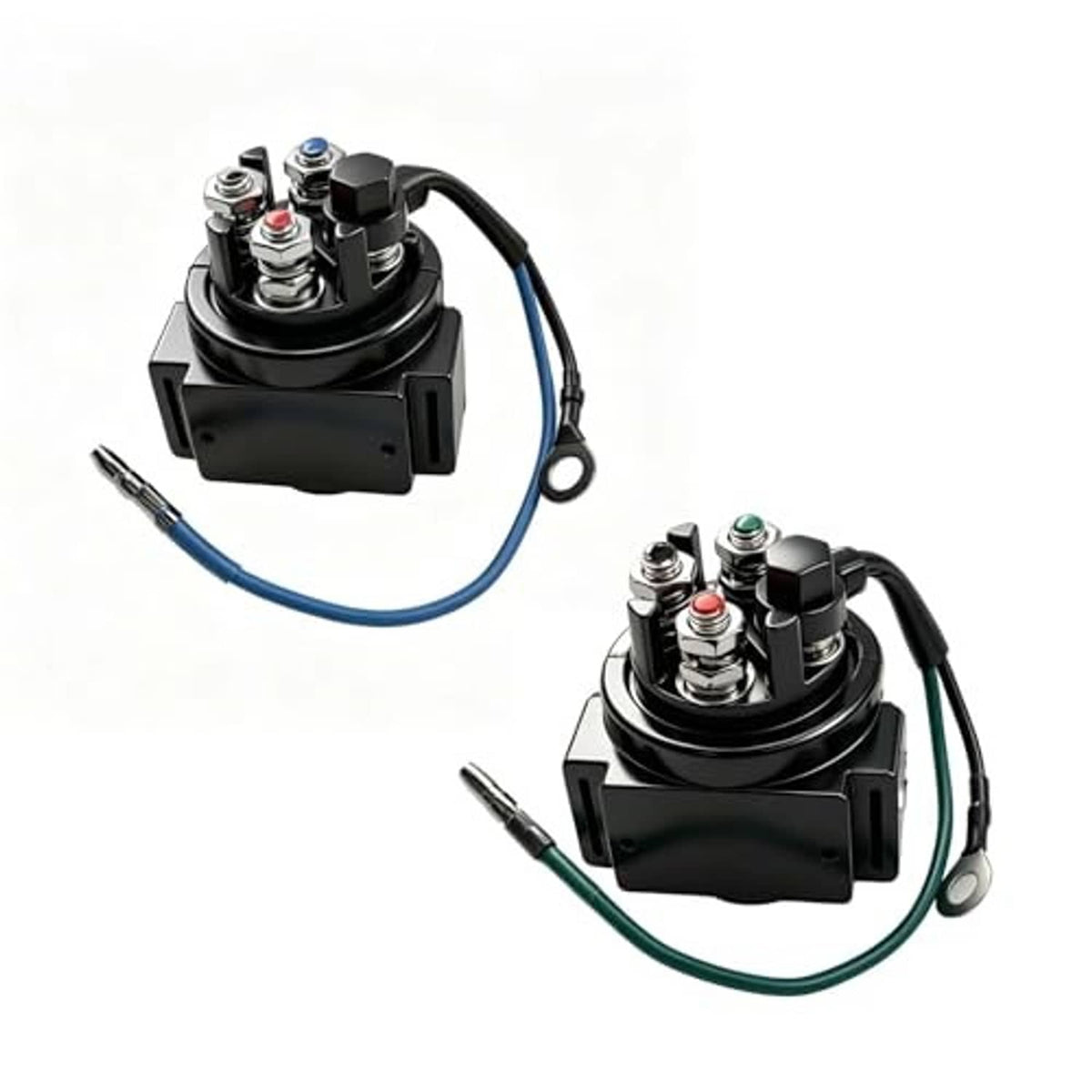 Two black relay switch units with blue and green leads and exposed terminal hardware