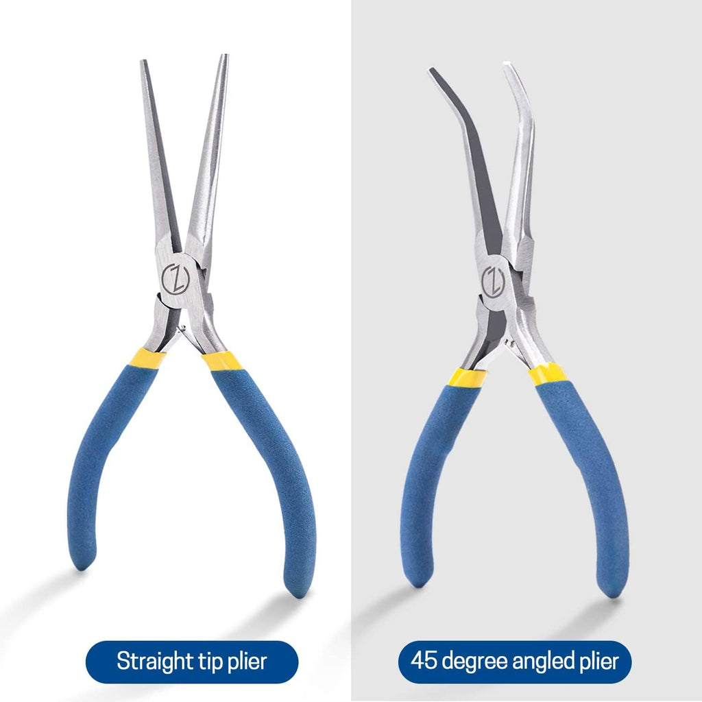 Two mini needle-nose pliers: straight and 45-degree angled tips; blue grips, yellow bands