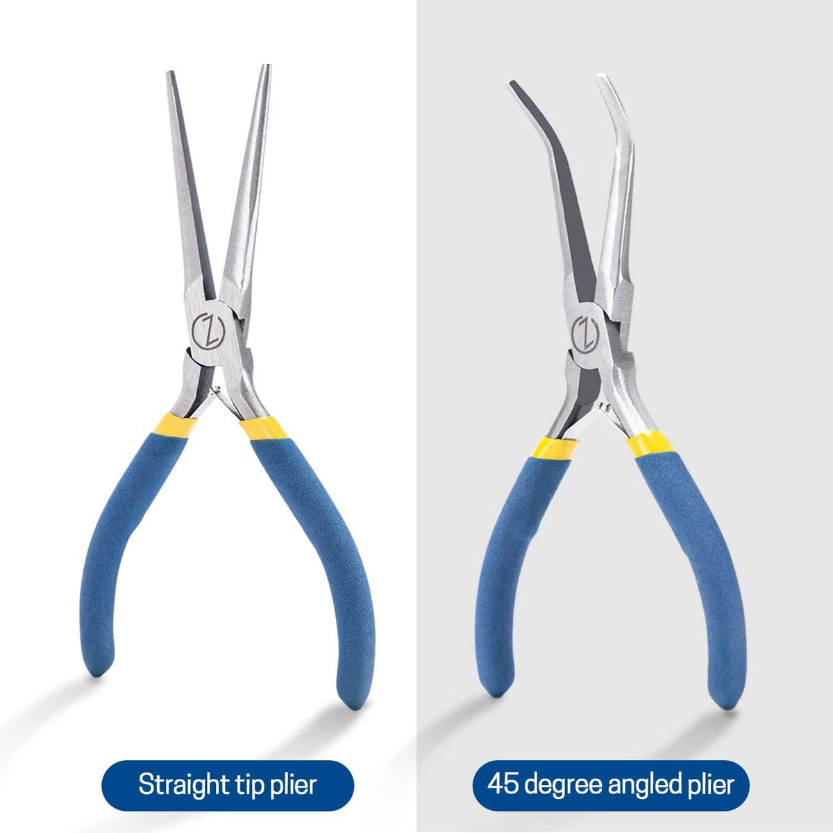 Two mini needle-nose pliers: straight and 45-degree angled tips; blue grips, yellow bands