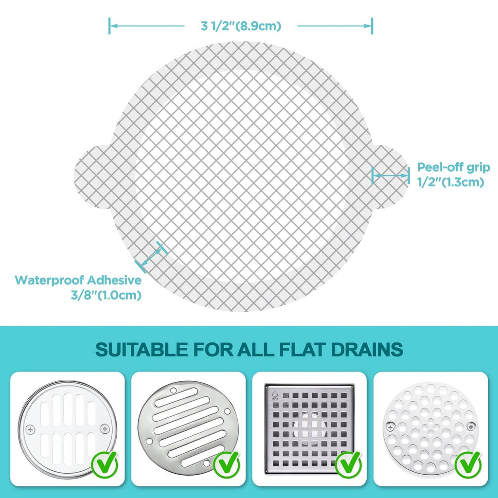 Round white mesh hair catcher sticker with labeled measurements for grip and size