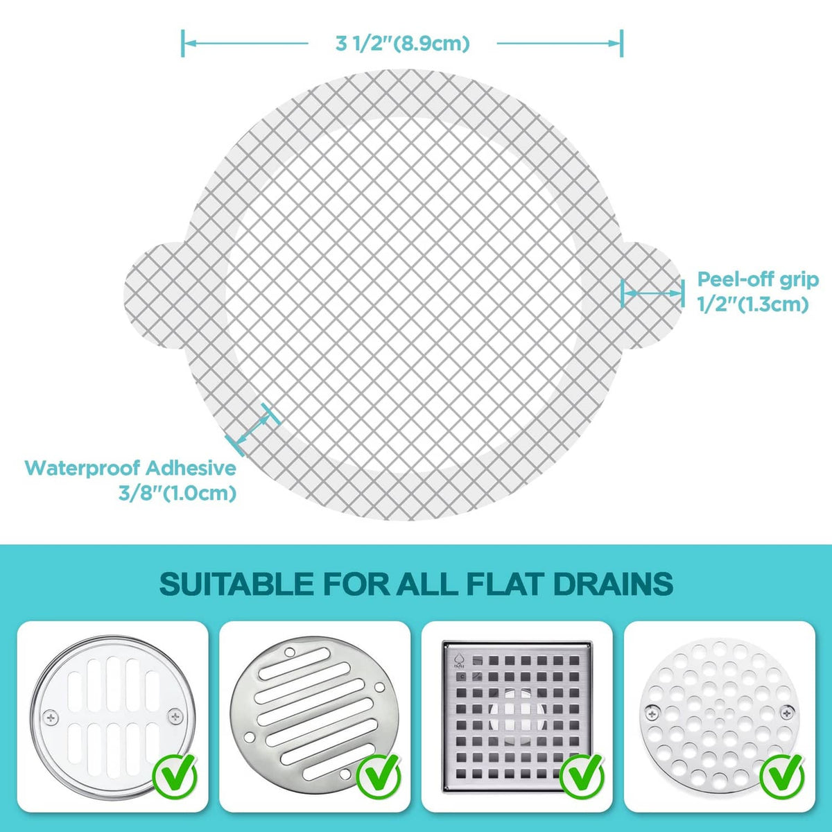 Round white mesh hair catcher sticker with labeled measurements for grip and size