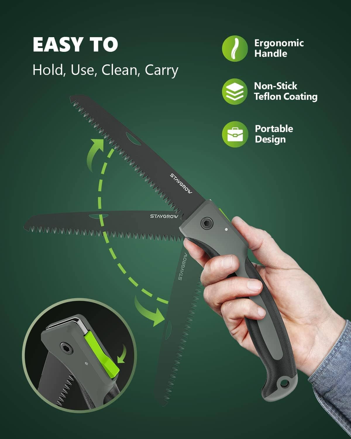 Hand pruning saw with ergonomic folding handle, non-stick coating and serrated blade