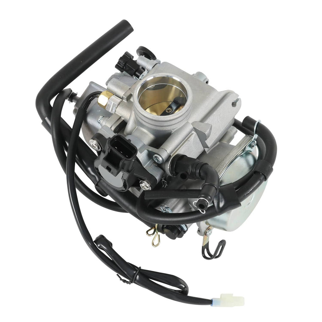 Carburetor with silver housing, gold throttle bore, and black wiring harness