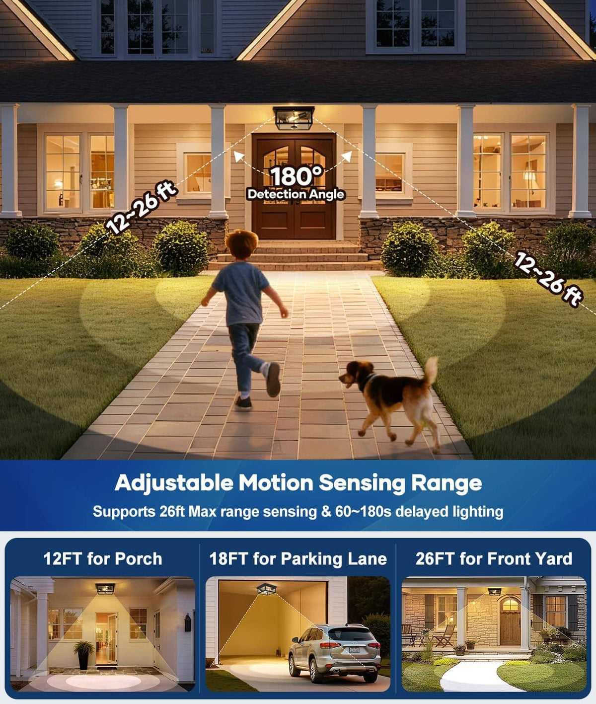 Black flush-mount outdoor ceiling light with motion-sensing detector and visible bulb.