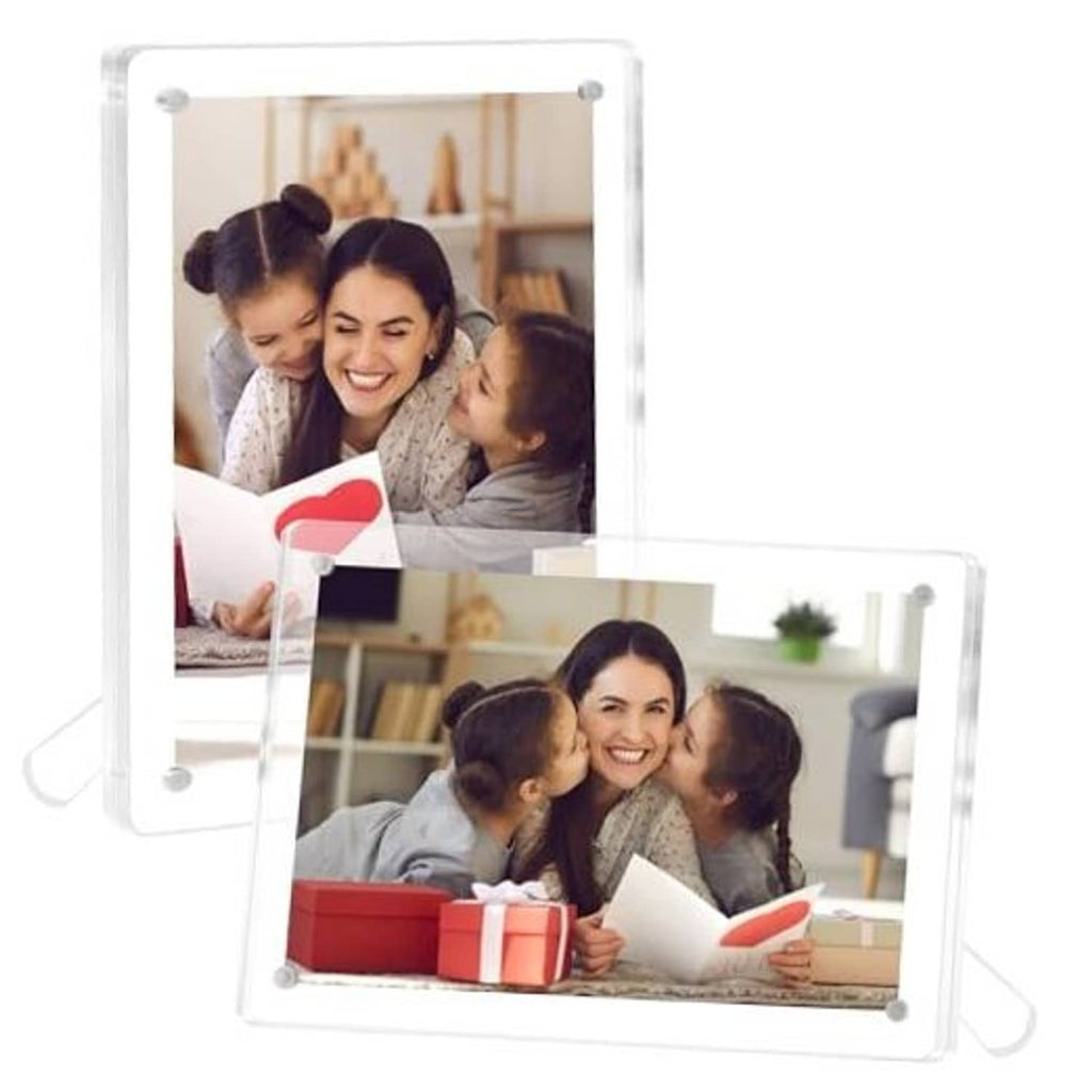 Clear acrylic magnetic photo frames, two 4x6 frames with display stand
