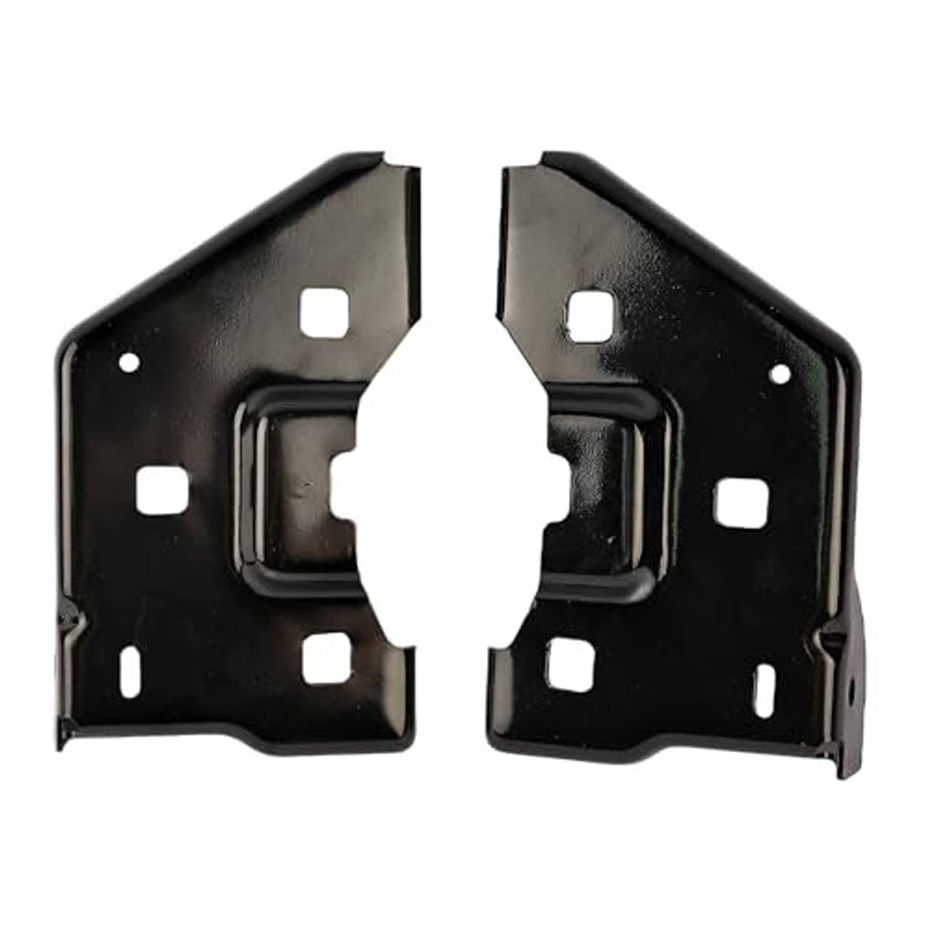 Front bumper bracket pair, black metal with a central mounting opening and square holes.