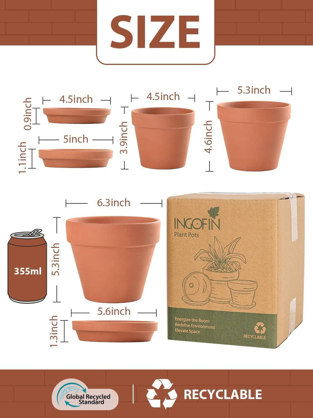 Terracotta ceramic plant pots set with saucers, sizes diagram and INGOFIN packaging shown