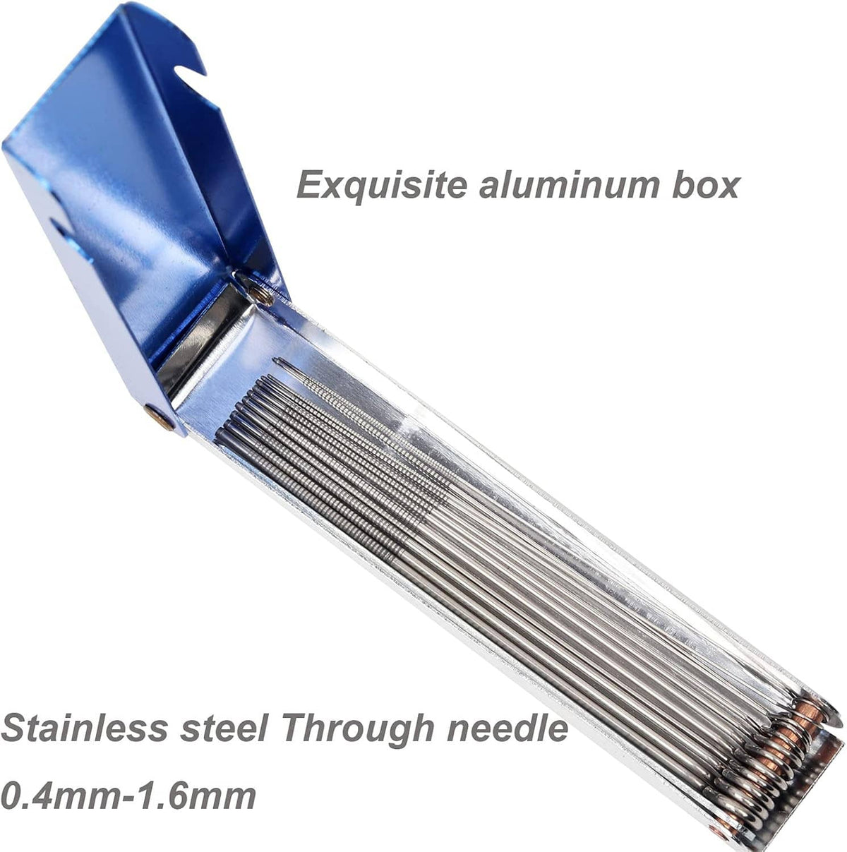 Aluminum organizer case holding bundled stainless steel through needles for nozzle cleaning