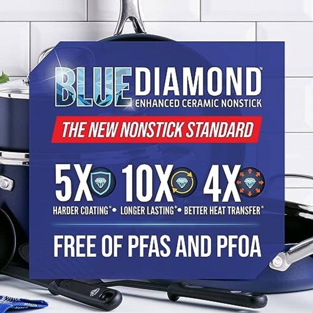 Blue ceramic nonstick frying pan skillet with speckled finish and two side rivet points