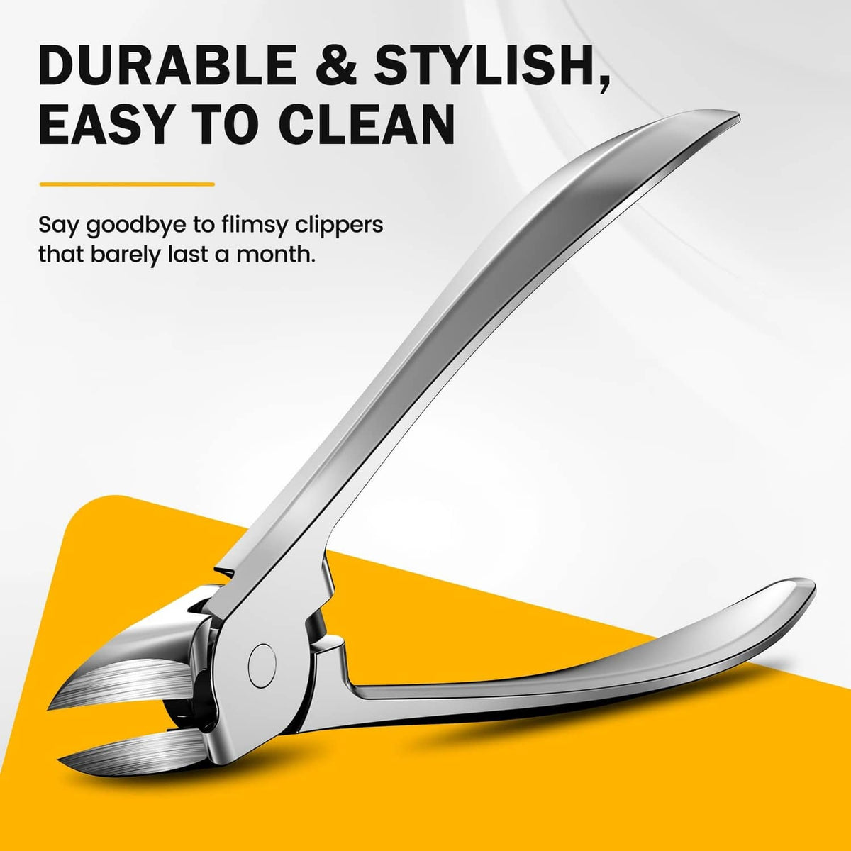 Silver curved toenail clipper with long handle and durable metal blades