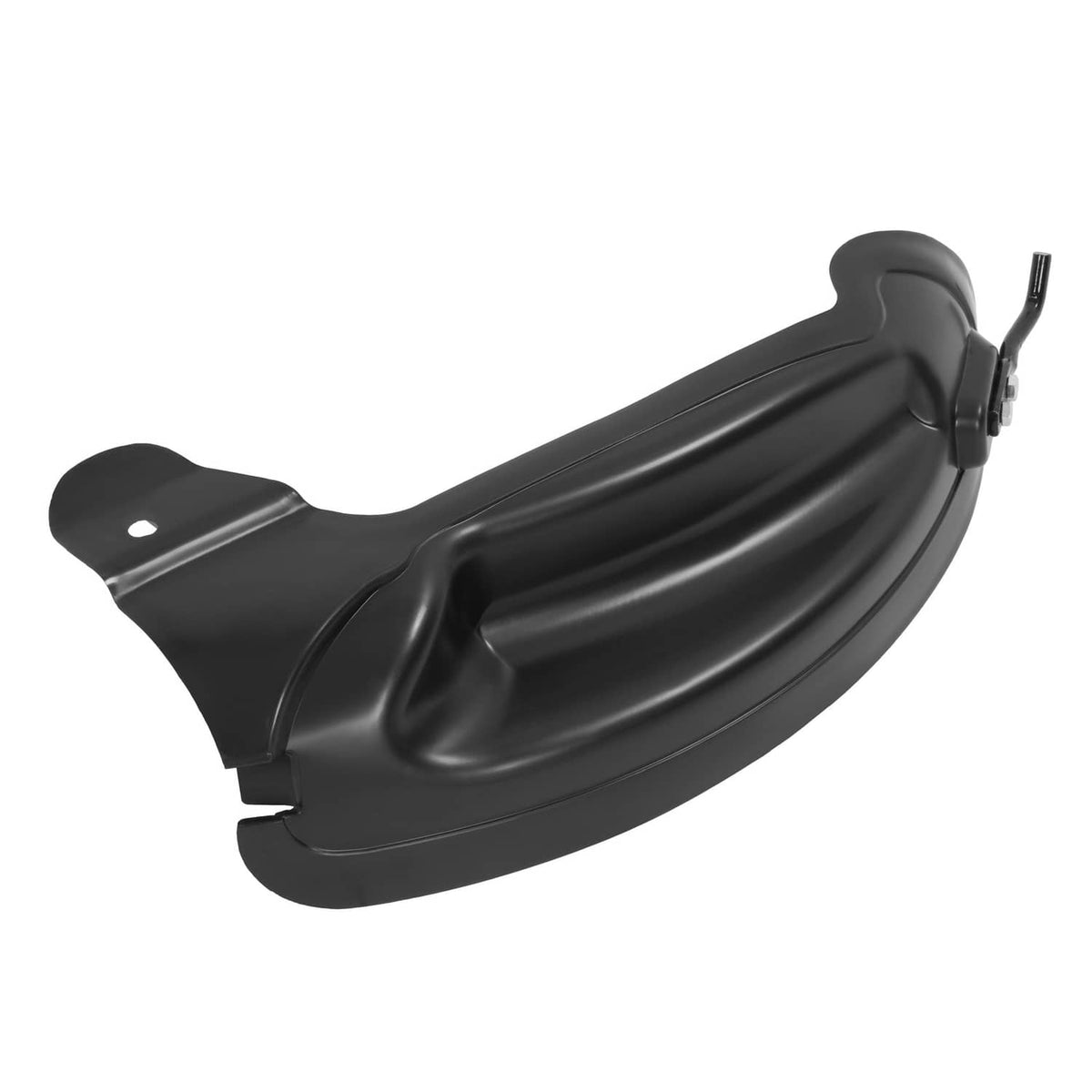 Black mulching blade deflector with side chute opening and mounting holes