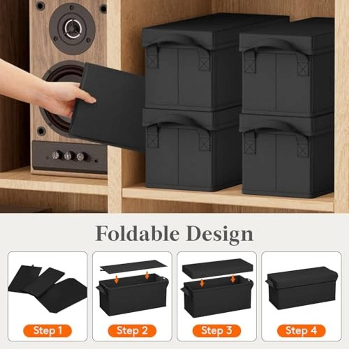 Four black CD storage boxes on a wooden shelf with open corner handles